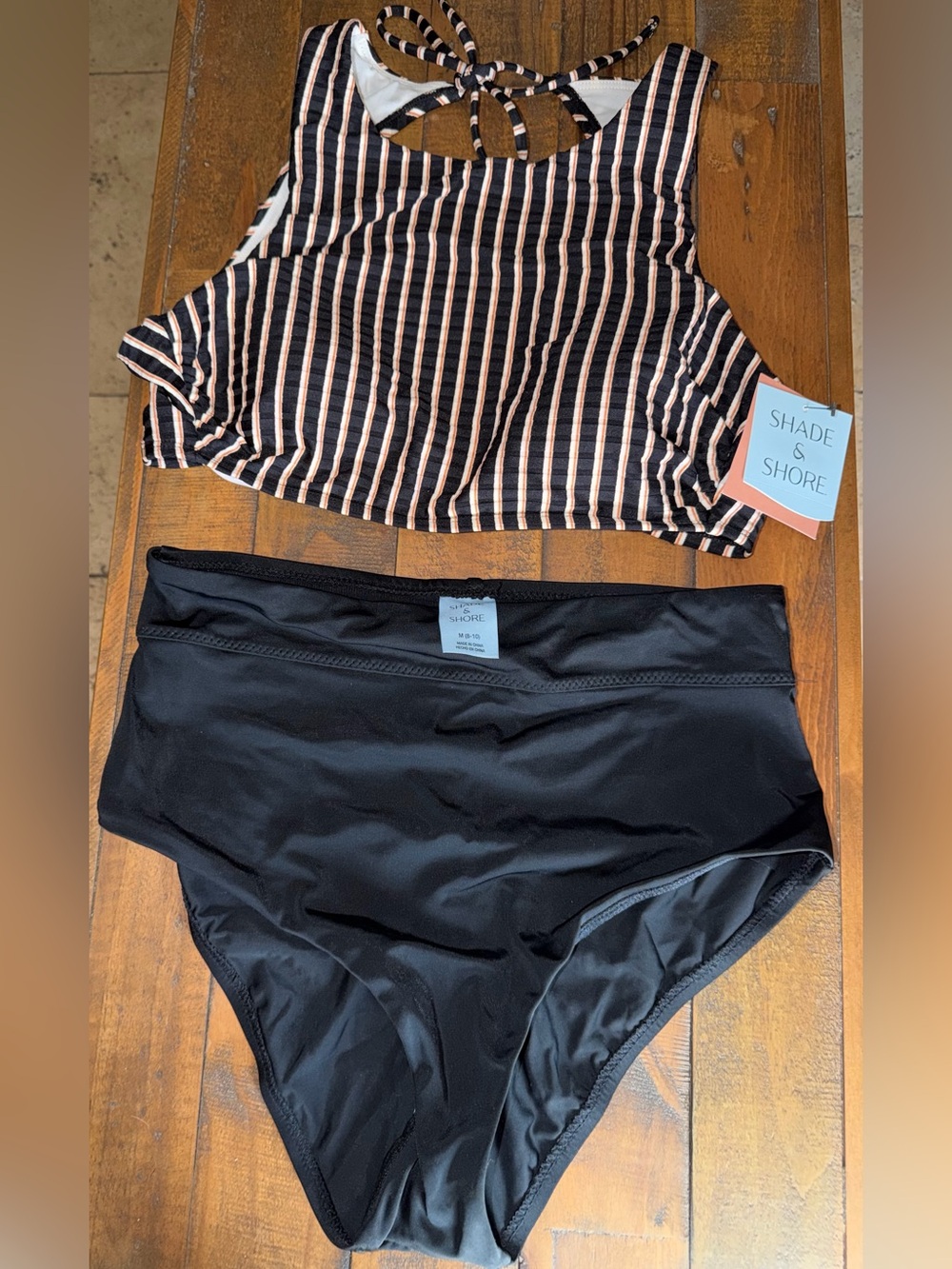 Shade & Shore Black Bikini Bottom with Black, White and Pink Striped Top